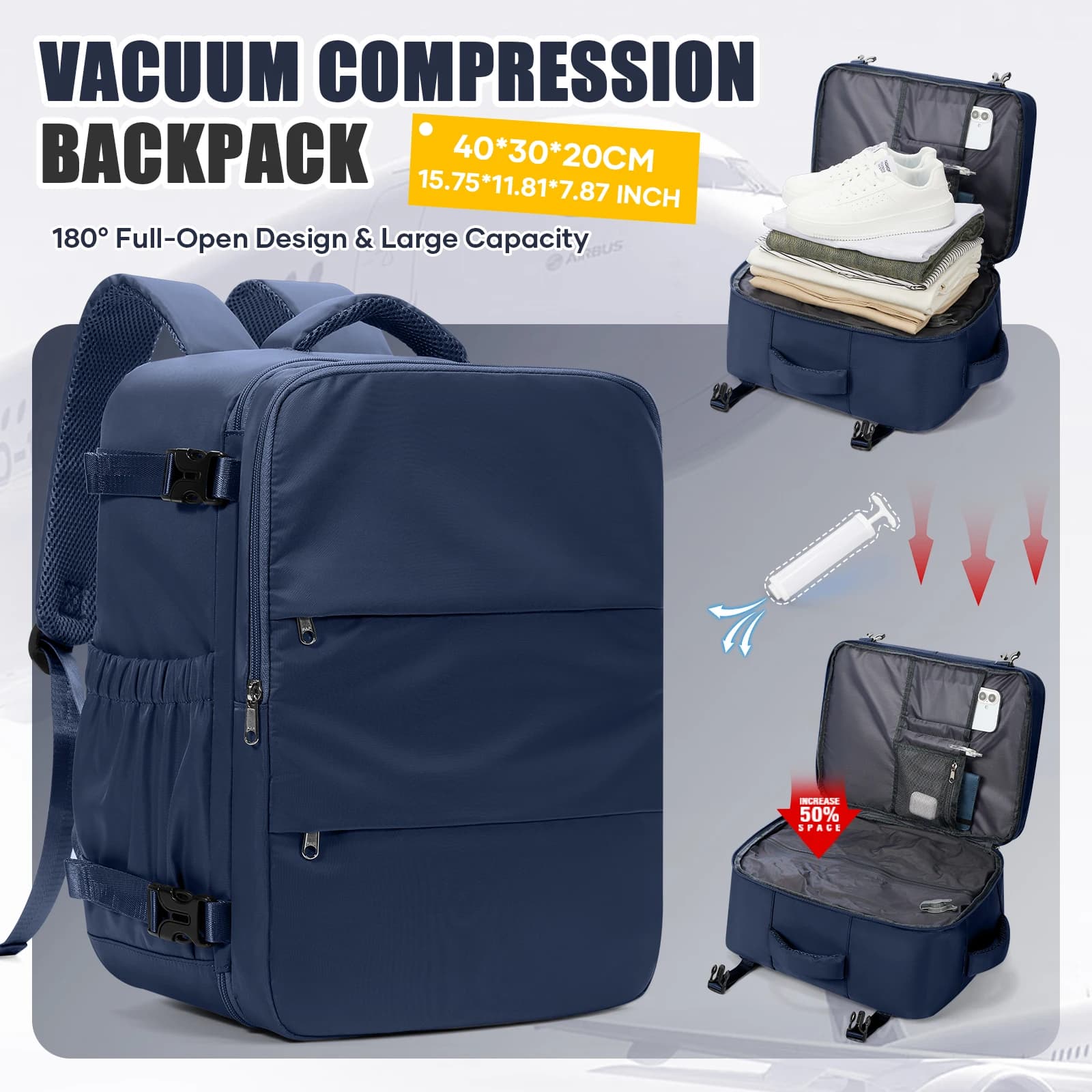 Zaino con compressione sottovuoto, zaino Ryanair 40×30×20 approvato per il trasporto aereo, include pompa per compressione sottovuoto, borsa da viaggio per affari