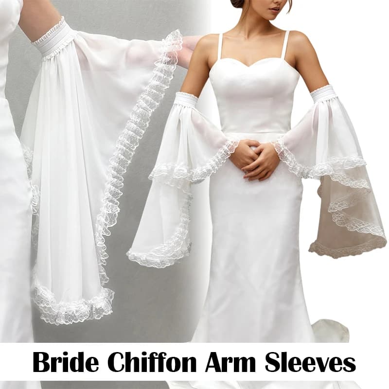 Guanti da sposa eleganti da donna in chiffon traspirante con maniche lunghe in tulle, sottili e velati, rimovibili, per feste e matrimoni