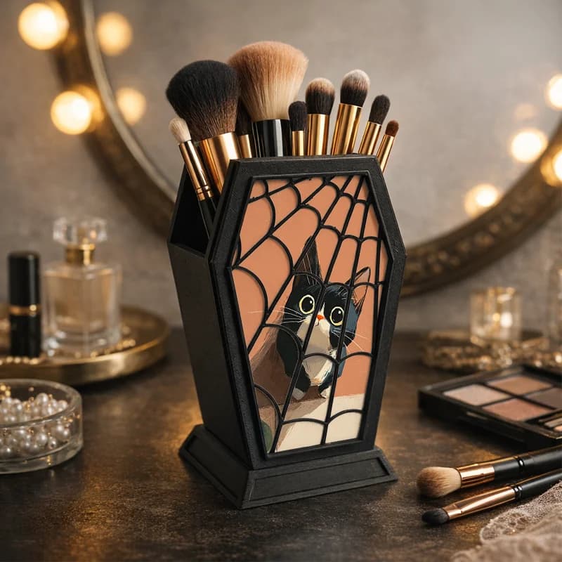 Gothic Bare Shape Makeup Brushes, Nice Black Cat with Motive Web, Cosmetic Organizer, Desk Storage Box, Gothic Decoration