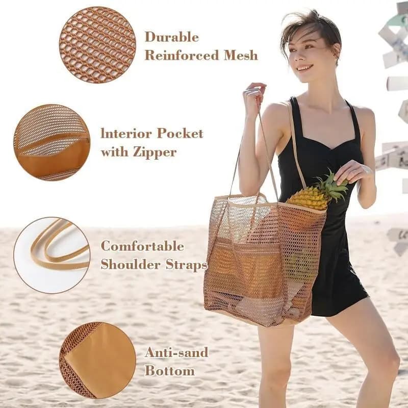 Borsa da spiaggia in rete, borsa, borsa grande, borsa per occhi in rete, tasche multiple da donna adatta per borsa da nuoto da viaggio all'aperto