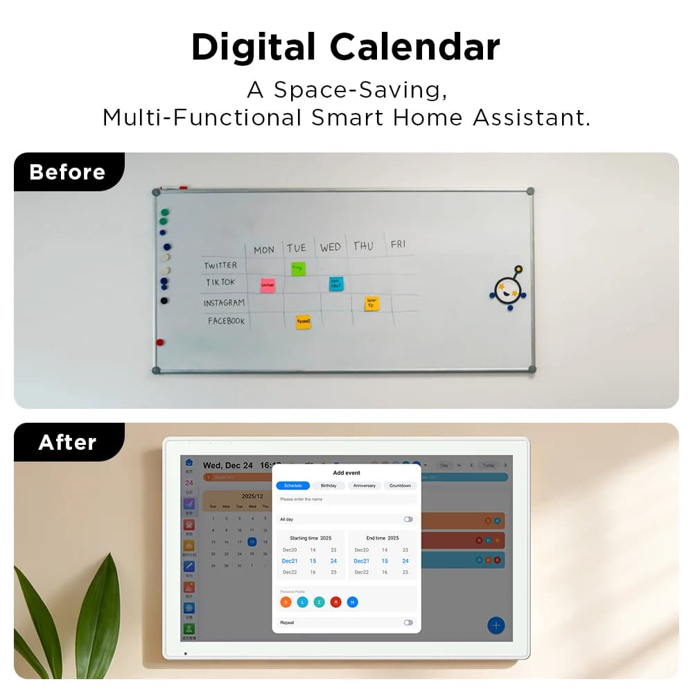 15.6 Inch Family Digital Photo Frame Android 15 3GB+32GB 1080P IPS Wall Mountable Smart Calendar Auto-Sync Playback MP3 AVI