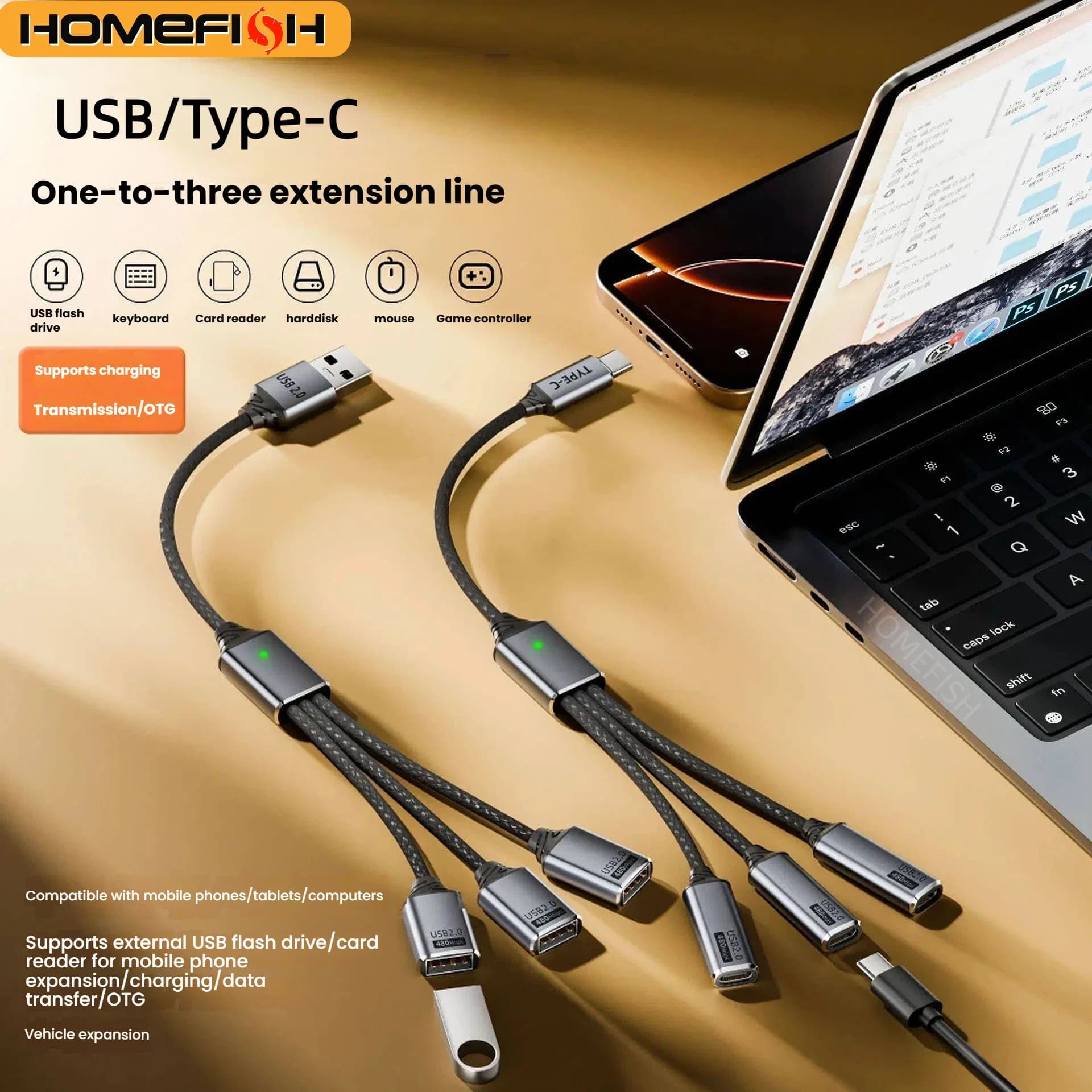 Cavo Dati HOMEFISH in Lega di Alluminio USB Type-C Tre-in-Uno, Cavo di Ricarica a Tre Teste per Laptop e Computer