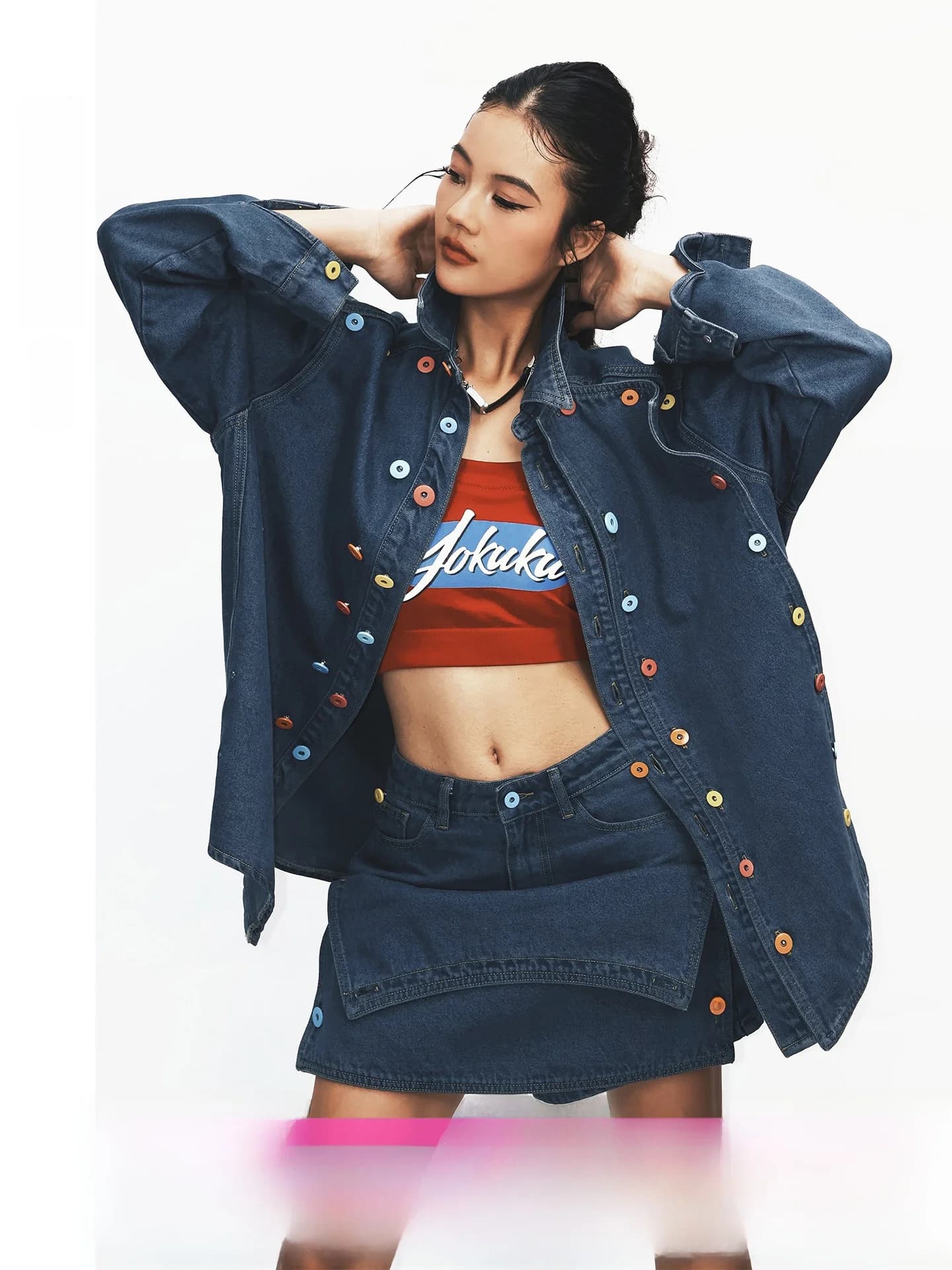 Completo YoCool: Camicia in denim con design primaverile e gonna asimmetrica da donna, stile casual, a maniche lunghe, abbottonata, outfit alla moda