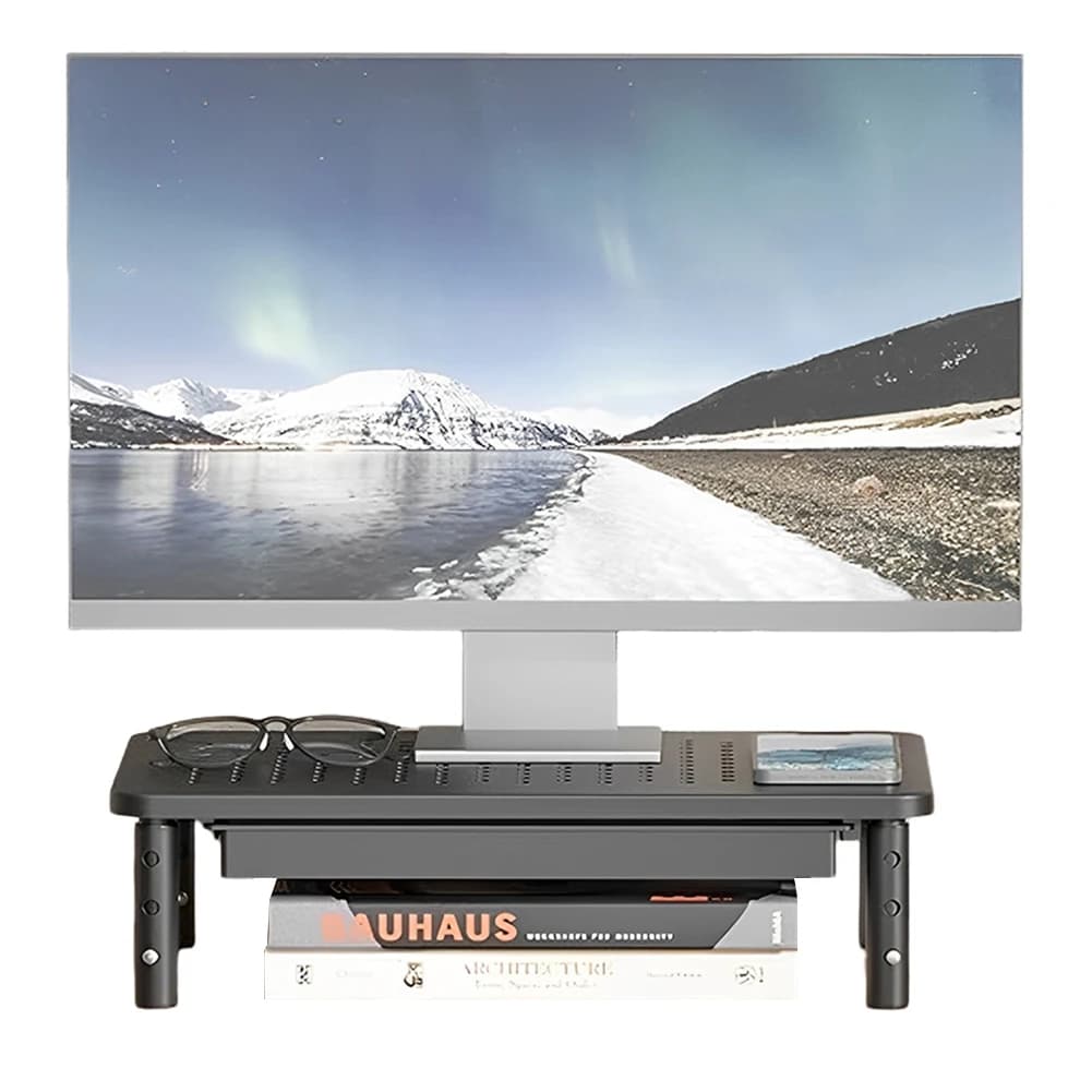 Supporto per Monitor con Cassetto, Stand per Laptop da Scrivania, Supporto per Computer in Metallo Regolabile a 3 Altezze per Laptop, PC, Stampante