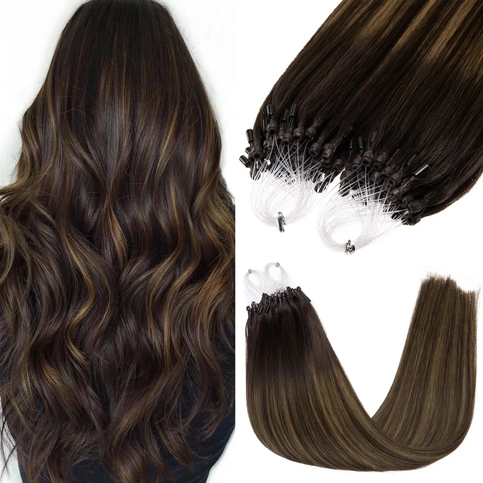 100% Human Hair Micro Loop Ring Extensions Straight Weft Small Loops For Easy Damage Free Installation