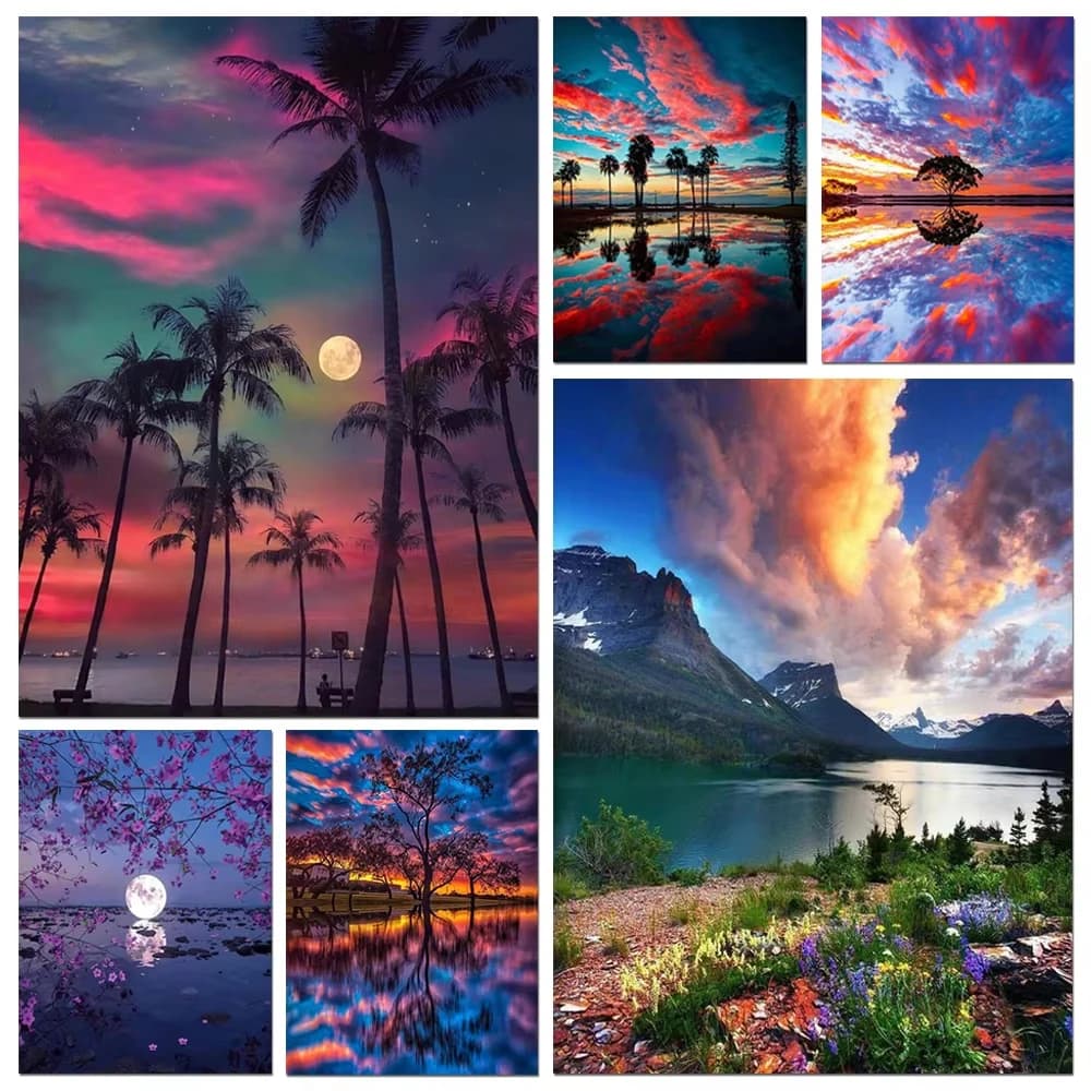 Kit Pittura Diamante 5D Fai da Te, Paesaggio al Tramonto, Mosaico Rotondo Completo, Kit Punto Croce, Arte con Strass, Decorazione Casa, Regalo