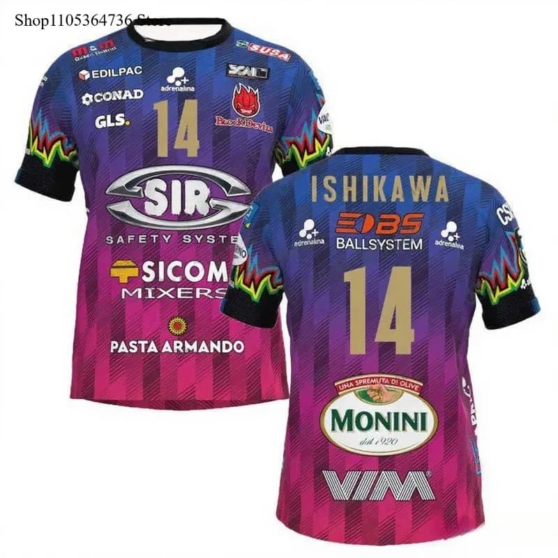 Maglia da Pallavolo 3D N.14 Jazz Safe Perugia, Completo Genitore-Figlio per Sport Quotidiani, Competizioni, Spiaggia, Ishikawa, T-shirt da Campione
