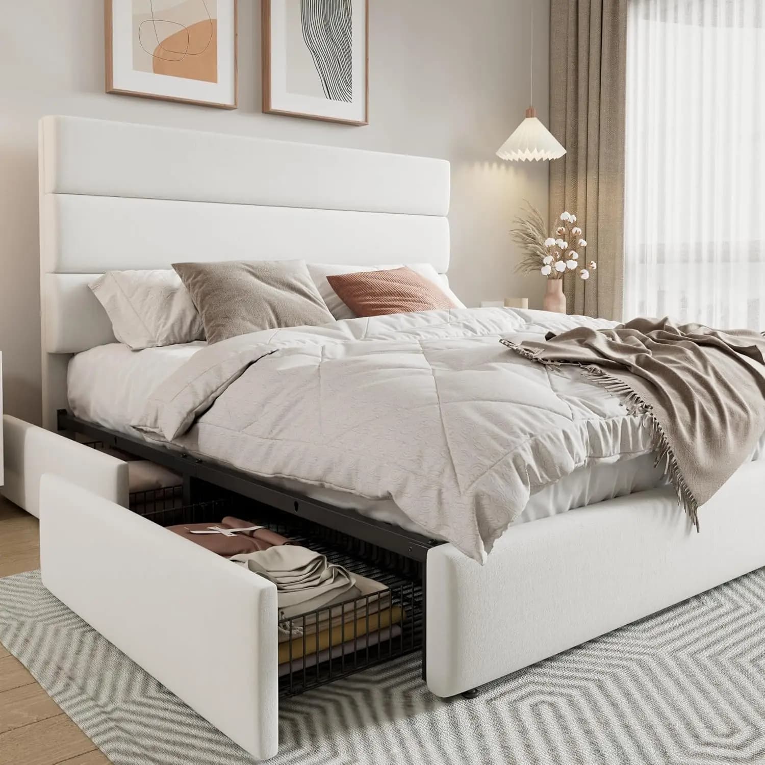 Modern Queen Platform Bed Frame 4 Storage Drawers Velvet Upholstered Headboard Wooden Slats Support Mattress Foundation No Box S