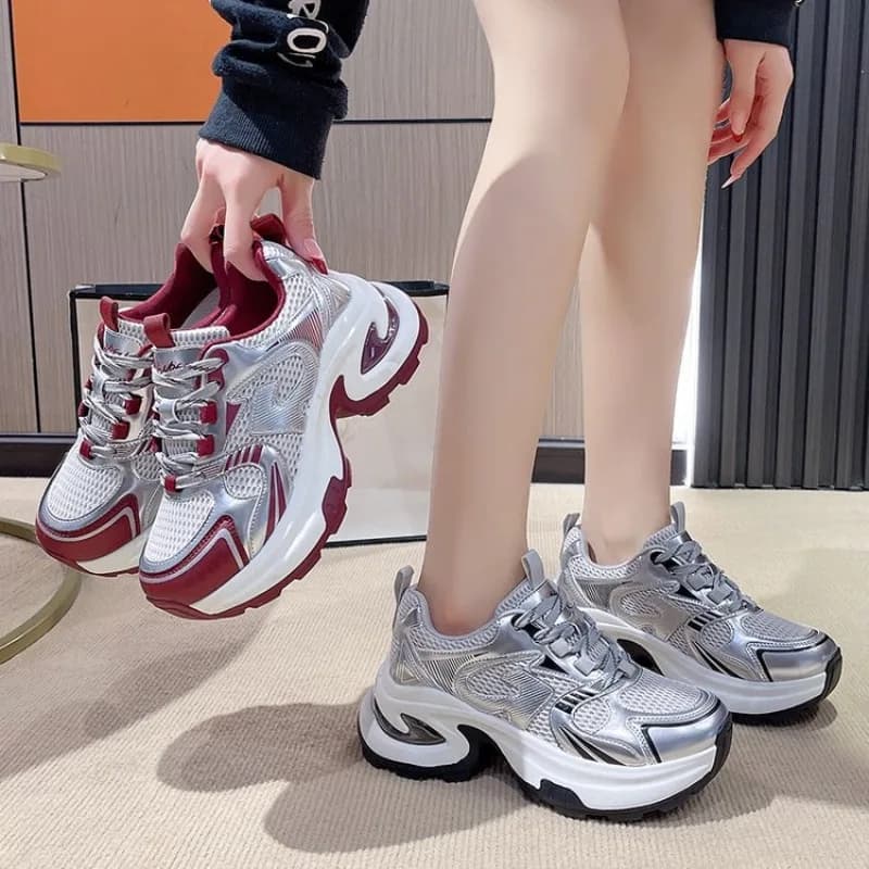 Women Platform Chunky Sneakers,silver‑burgundy color‑block.Breathable mesh upper,thick height‑increasing sole.sports shoes