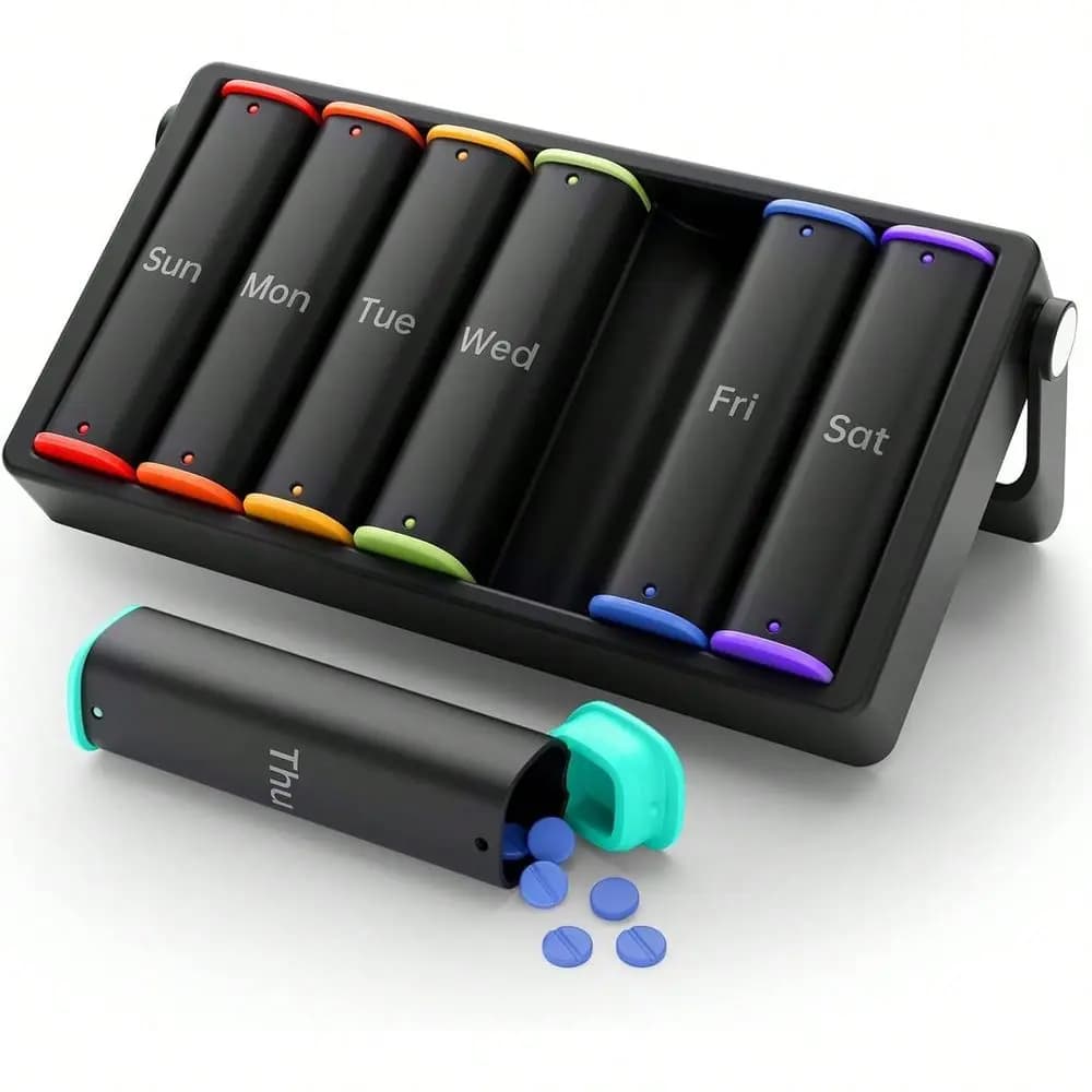 Weekly Organizer 2 Times A Day, Large Travel Box Day, Am Pm Daily With Rotatable Handle, Week Holder Container Vitamin Medicine Supplement Fish Oil, Black
