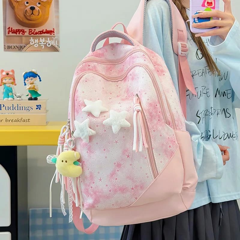 Women Cute Star Print Nylon Backpack With Plush Patch And Tassel Zipper Student School Bag Casual Daily Travel Rucksack Girls