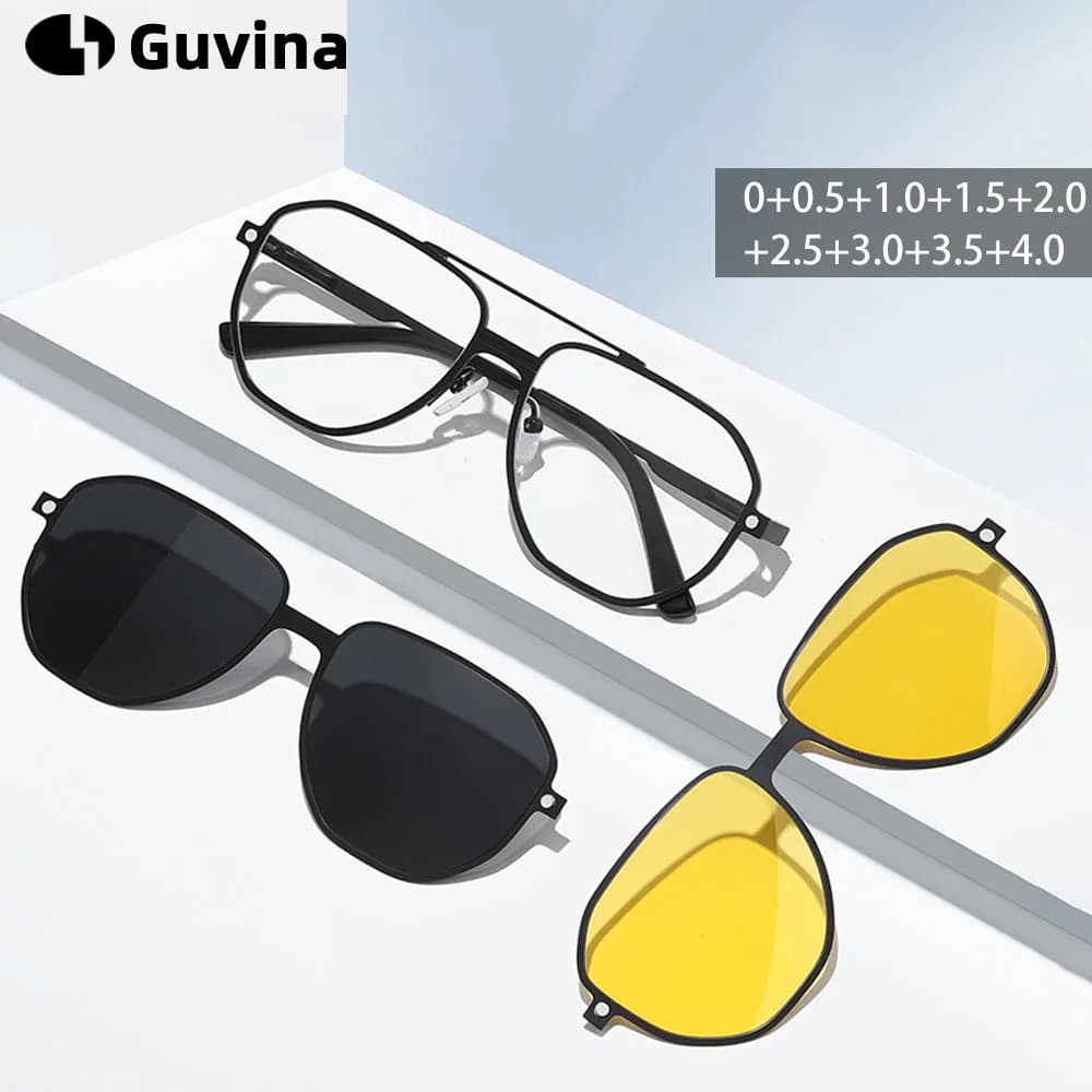 3 in 1 Uomo Donna Polarizzato Visione notturna Clip solare Magnete Occhiali da sole ottici Occhiali da vista Occhiali da guida con diottrie