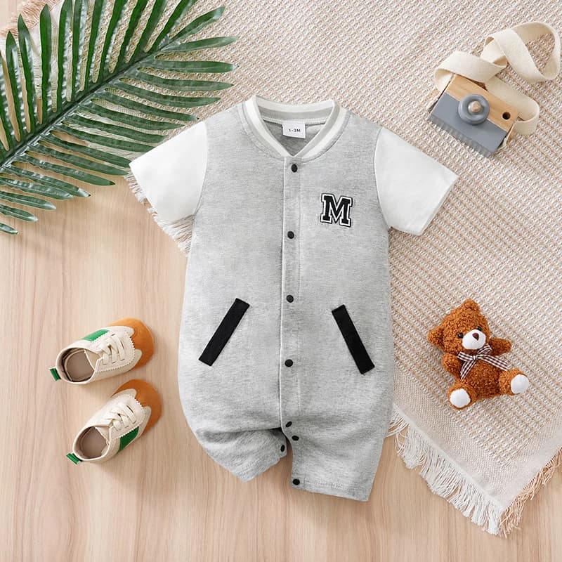 Newborn Baby Baseball Clothes 0 3 6 9 12Months Boston Cotton Short Sleeve Footies Toddler Boy Clothes Kids Jumpsuit gray pajamas