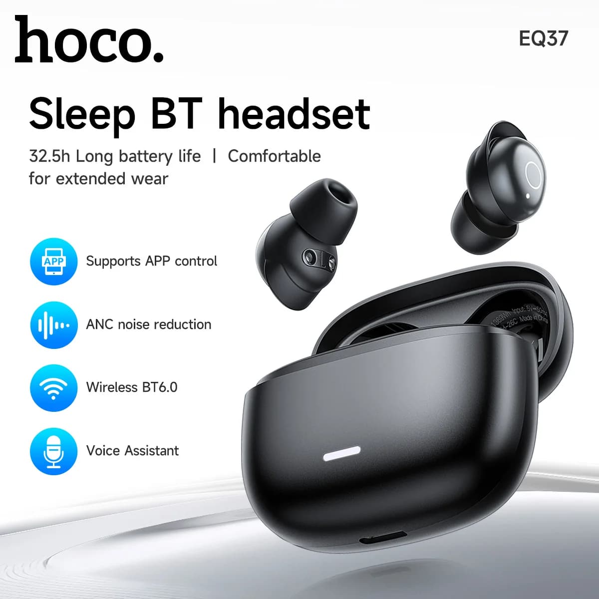HOCO EQ37 ANC Noise Reductio Sleep Earphones AI Translation Headsets Bluetooth 6.0 Headphones HIifi Earbuds With APP Function
