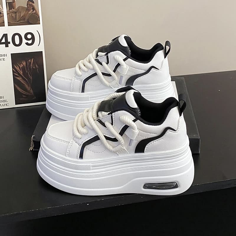 Sneakers with Fashion Platform for Women, Spring-Autumn, Comfortable, Round Toe, Laces, 8CM thick sole, Black and White, Casual Sport Shoes