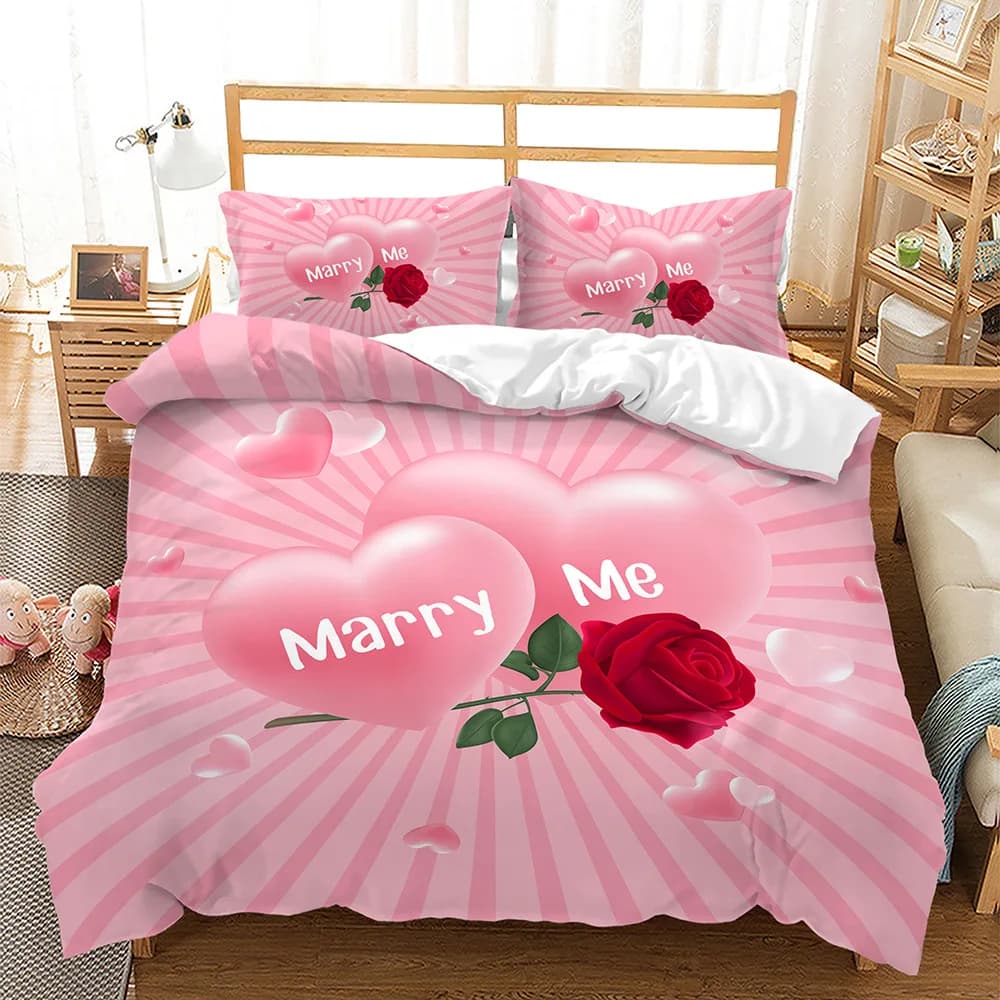 Set copripiumino Love Heart Marry Me Tema romantico Copripiumino in poliestere con federa Queen Completo regalo di San Valentino