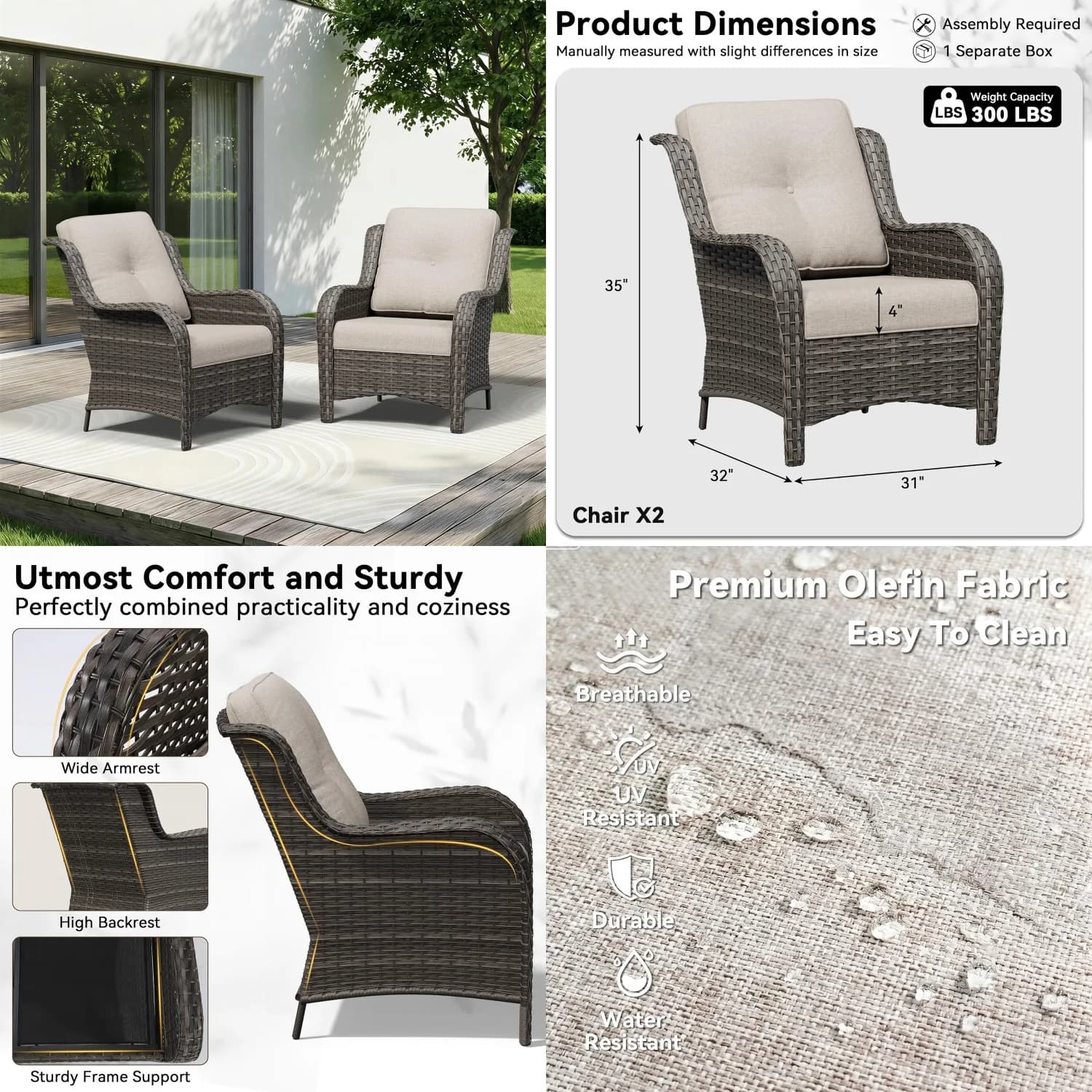 Set di 2 Sedie da Patio in Vimini con Schienale Alto, Cuscini in Olefin, Seduta Profonda, Braccioli Larghi e Curvi, in Rattan PE Intrecciato a Mano per Veranda, Personalizzabile