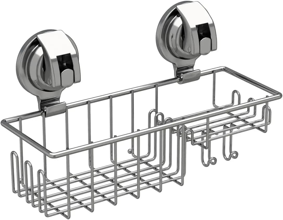 Suction Cup Shower Shelf, Shower Caddy Soap Dish with Hooks for Sponge, Rust Proof 304 Stainless Steel, Silver