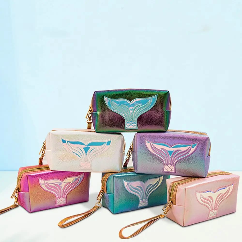 Creative Travel Lovely PU Leather Waterproof Mermaid Pattern Storage Bag Makeup Bag Cosmetic Bag Laser Bag