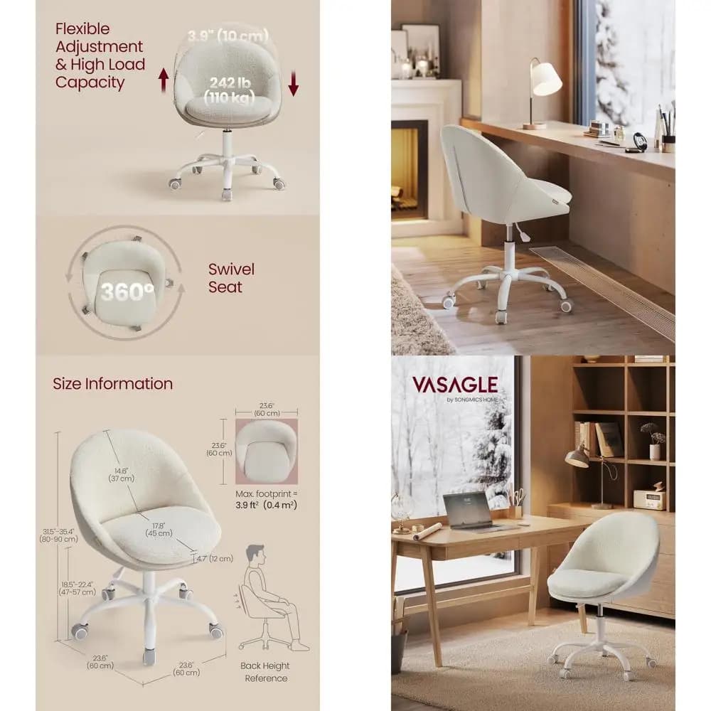 Sedia da scrivania girevole regolabile con supporto per la schiena, imbottita per il comfort, adatta per piccoli spazi, uso in camera da letto, beige e bianco