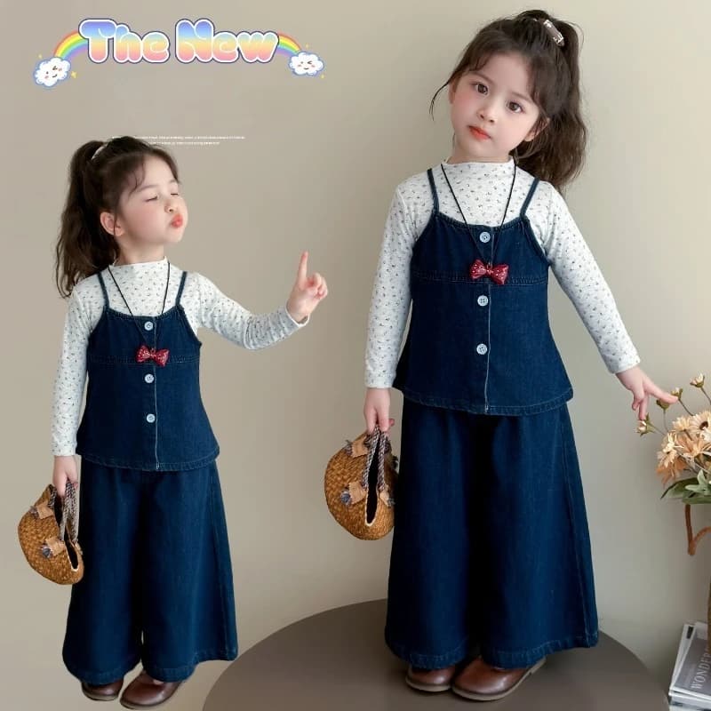 Children Spring Autumn Clothing Set Girls Suspender Denim+Base Shirt + Wide-Leg Pants Three Piece Set Fashion Kids Cowboy Suit