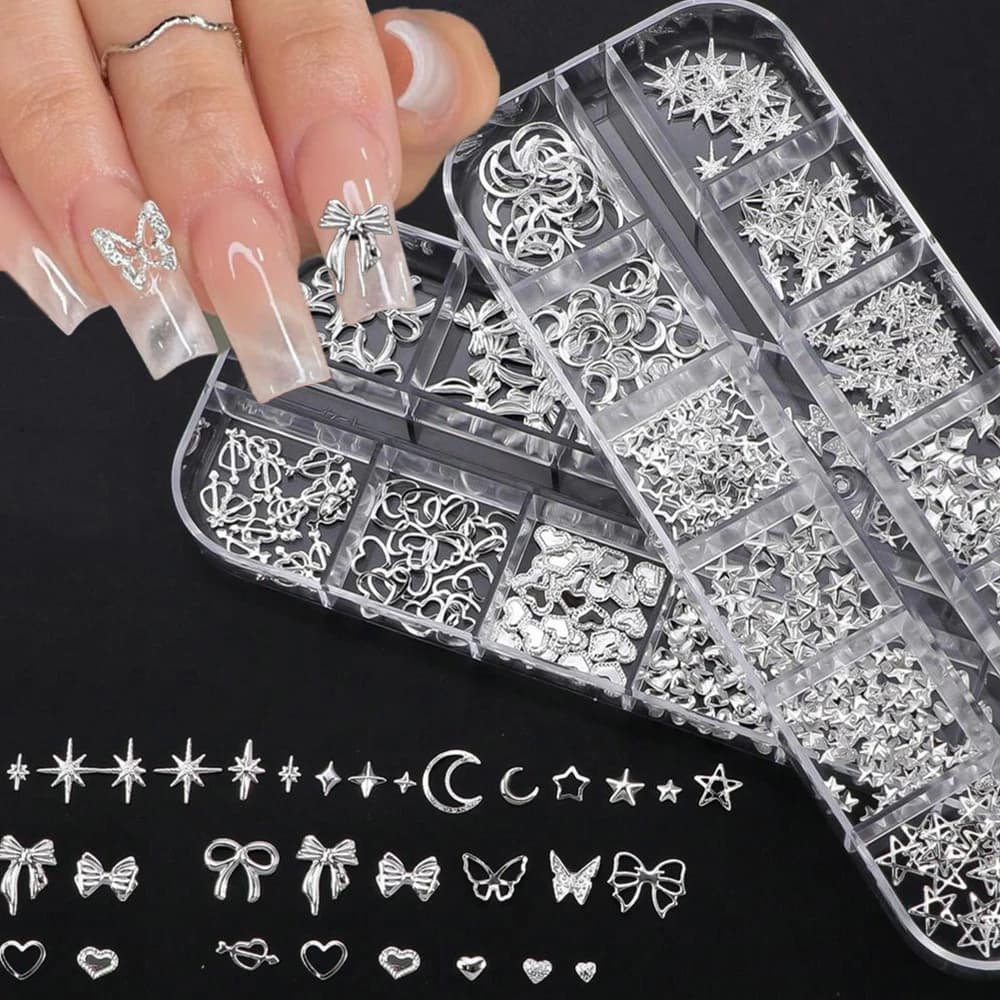 1box 3D Metal Butterfly Bow Nail Charm Silvery Alloy Heart Star Y2k Spring Summer Nail Decoration Luxury Shiny Bow Nail Jewelry