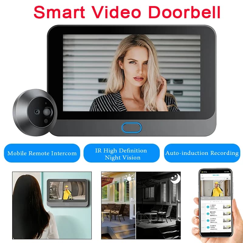 Campanello Video Intelligente con Display a Colori IPS da 4,3 Pollici, Rilevamento PIR, Videocamera per Porta, Monitoraggio Intercom, Ampio Angolo di Visione, Campanello Elettronico