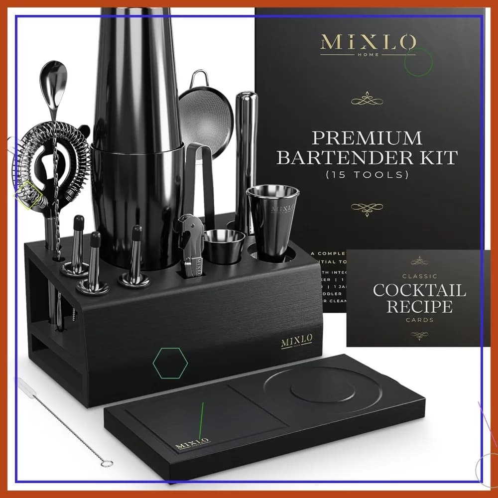Set da Barman da 15 Pezzi con Shaker per Cocktail, Accessori per Carrello Bar e Schede Ricette - Utensili Neri Metallizzati