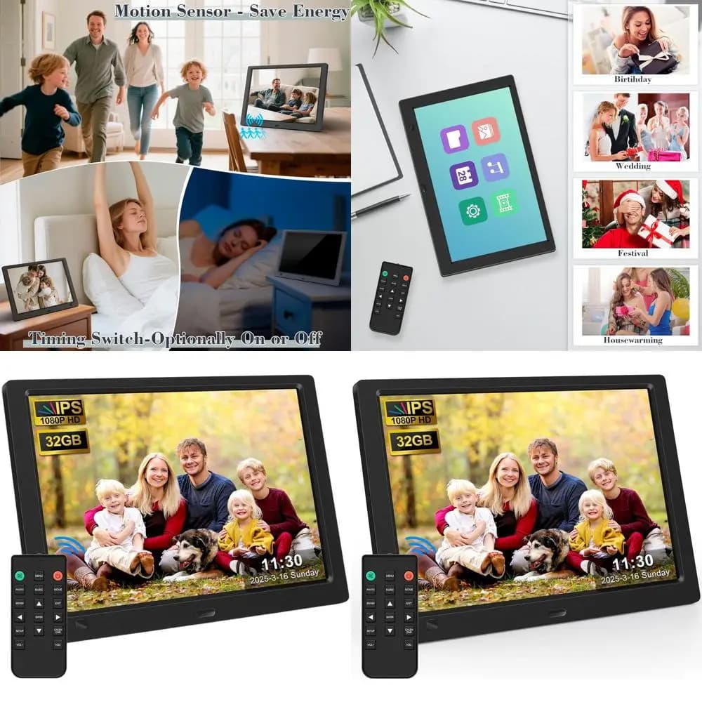Cornice per foto digitali IPS HD 10.1, risoluzione 1920x1080, USB da 32 GB inclusa, sensore di movimento, riprodurre video e musica, compatibile con SD