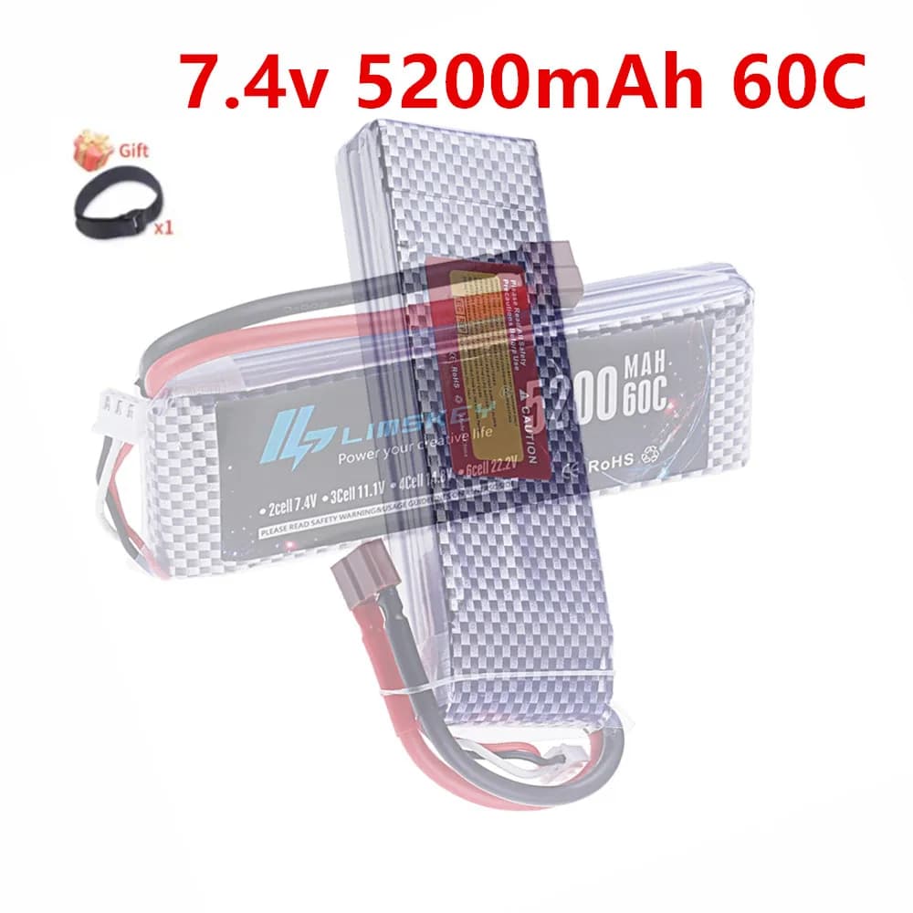 Batteria Lipo 2S 5200mAh 7.4V per Droni FPV, Auto RC, Barche, Elicotteri, Aeroplani - Batteria 7.4V con Connettori XT60, TRX, XT90, T-Plug