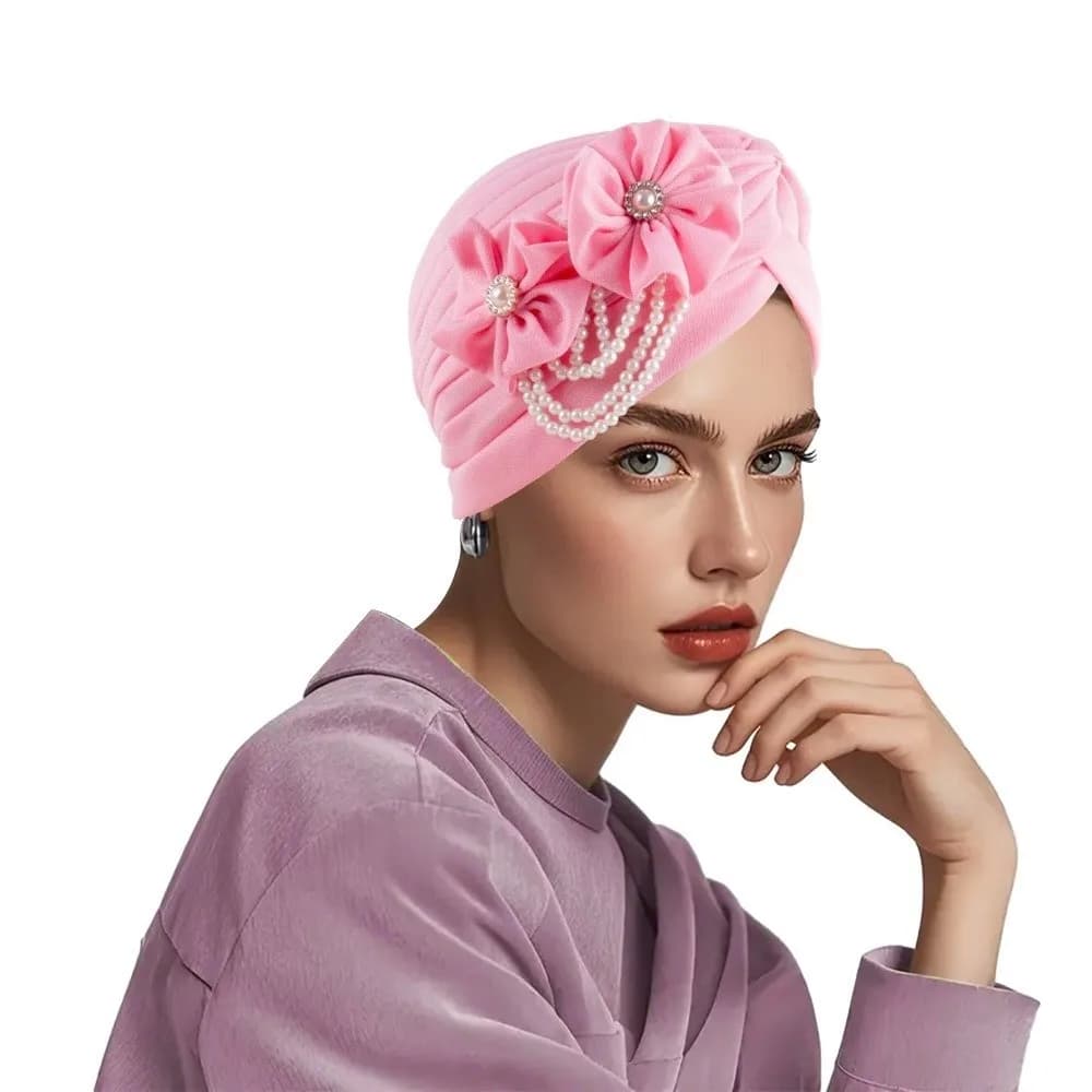 Hijab Traspirante con Perle Eleganti e Design Floreale, Copricapo per Perdita di Capelli, Turbante Femminile