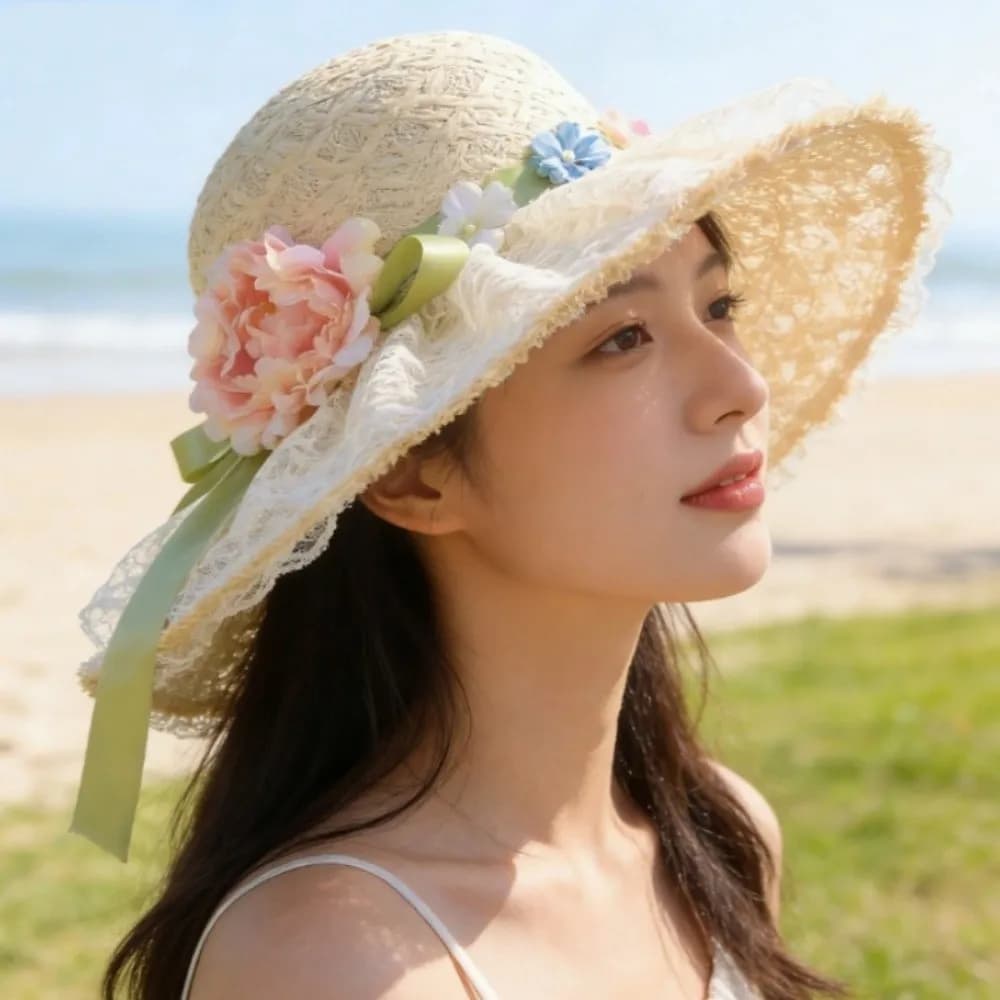Paglia Hat Lafite alla Moda con Fiori, Traspirante, a Tesa Larga, per Vacanze e Spiaggia, Protection Solare, Cappello Intrecciato Parasole, Fashion show