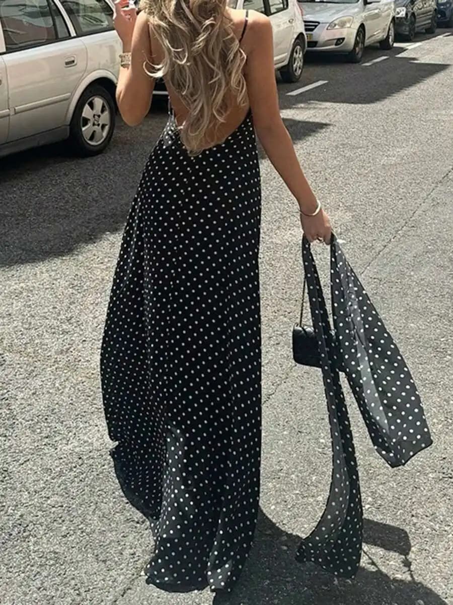 Abito lungo estivo da donna a pois con scollo a V profondo, spalline sottili e schiena scoperta, con foulard