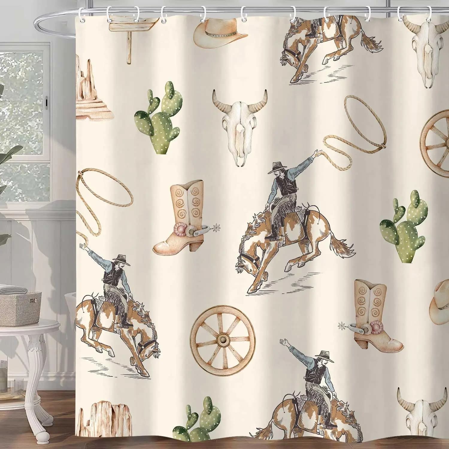 Tenda da doccia da cowboy occidentale, tende da bagno con cactus per cavalli da cowboy dell'Ovest selvaggio, bagno a tema country americano dell'Ovest della fattoria