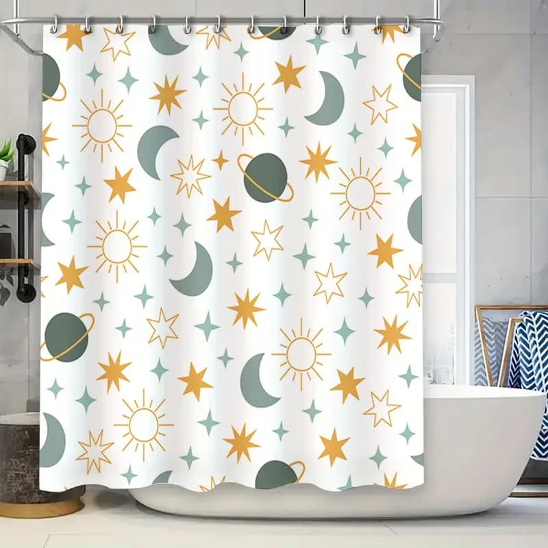 Tenda da doccia a tema spazio con motivo celeste con sole, lune, stelle e pianeti in colori verde, blu e arancione