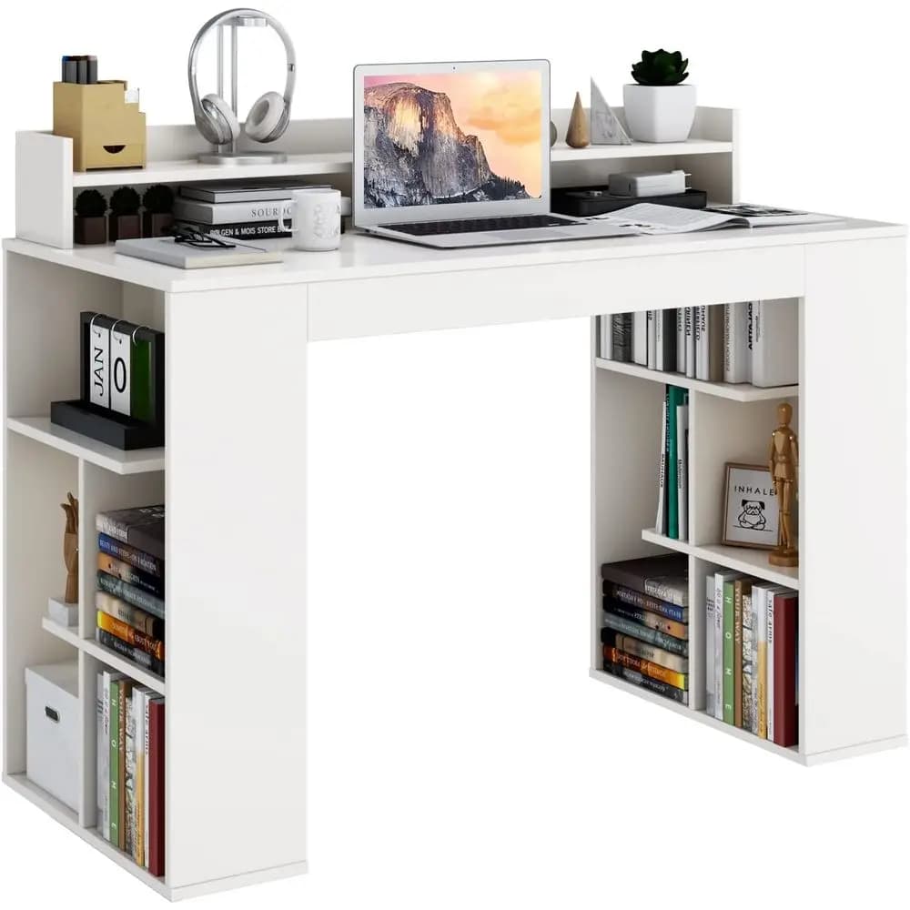 Scrivania Bianca con 48 Scomparti, Ripiani a Due Livelli e Supporto per Monitor, Ideale per Ufficio Domestico, Studio e Camera da Letto