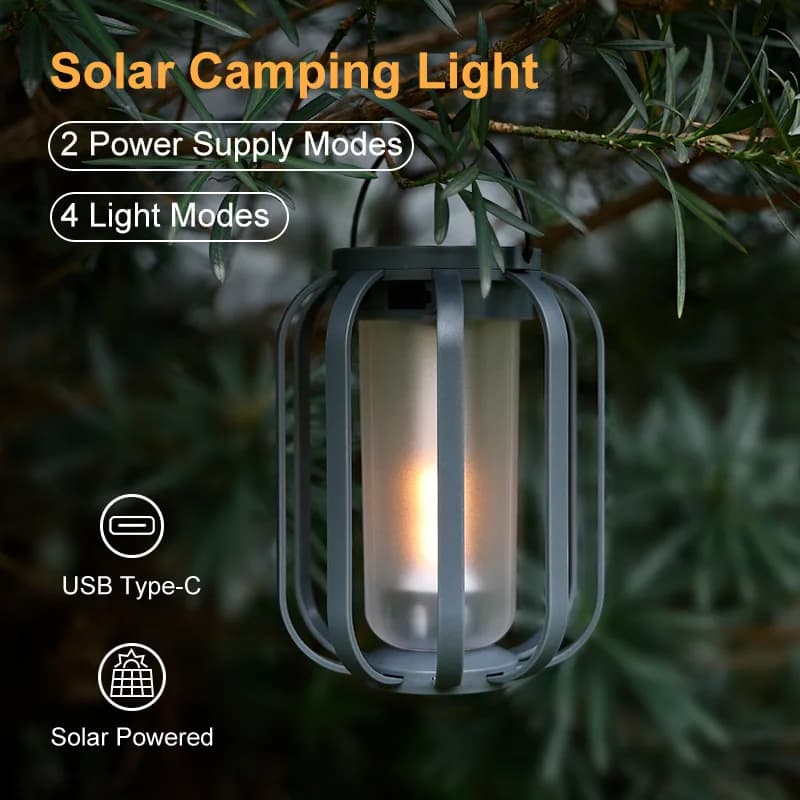 2025 Nuova fiamma solare Luce da campeggio Decorazione esterna Lampada a sospensione Decorazione cortile Treppiede Luce d'atmosfera