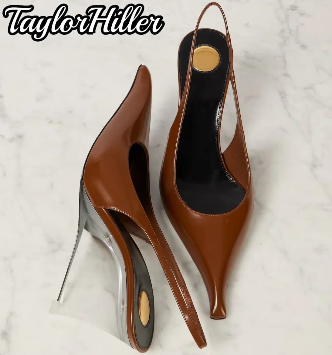 Sandali con zeppa in pelle verniciata marrone Sandali con zeppa di lusso Pull On Tacchi alti trasparenti Estate Nuove scarpe basse nere solide sexy