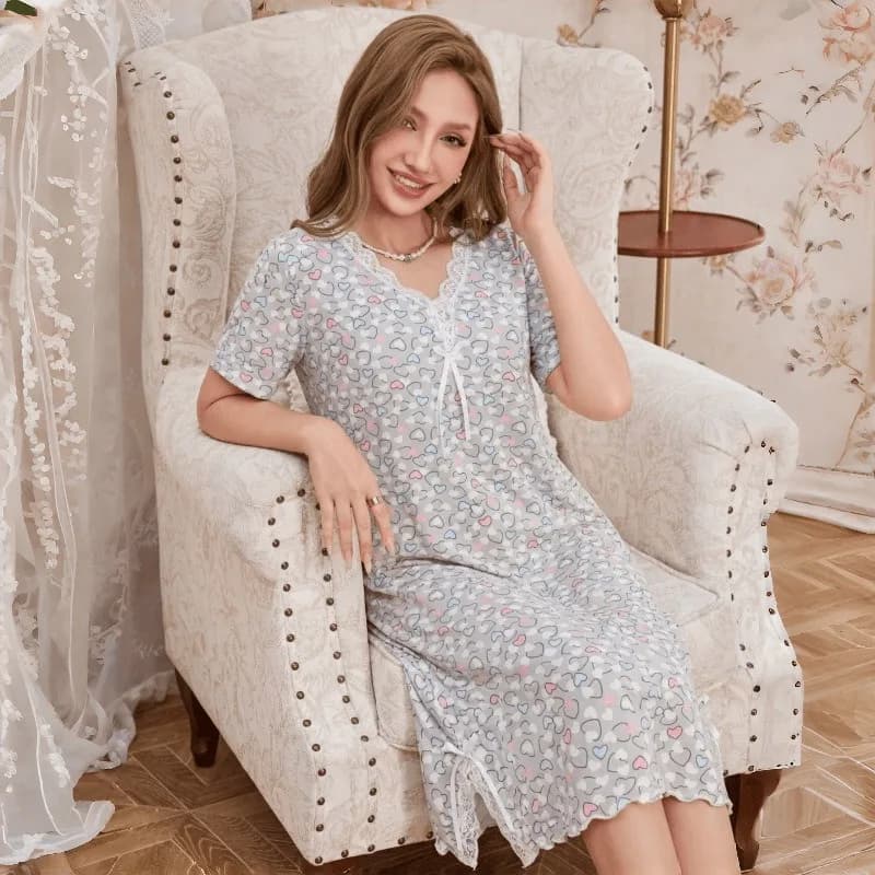 Summer Heart Print Short Sleeve Loose Plus Size Lace Trim Slit Nightgown Sleepwear