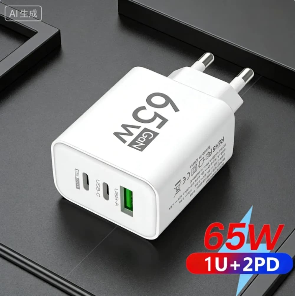 Caricatore Rapido GaN 65W con 3 Porte USB-C, Adattatore da Muro PD QC3.0 per Ricarica Veloce, Caricabatterie Portatile per iPhone Xiaomi Samsung, Adattatore da Viaggio