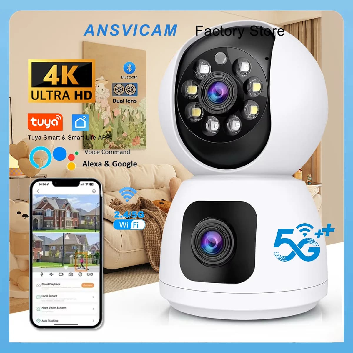 Telecamera di Sicurezza PTZ ANSVICAM Tuya Smart 4K 8MP a Doppia Lente, WiFi 5G, Doppio Schermo, per Interni, con Tracciamento Automatico AI e Visione Notturna a Colori