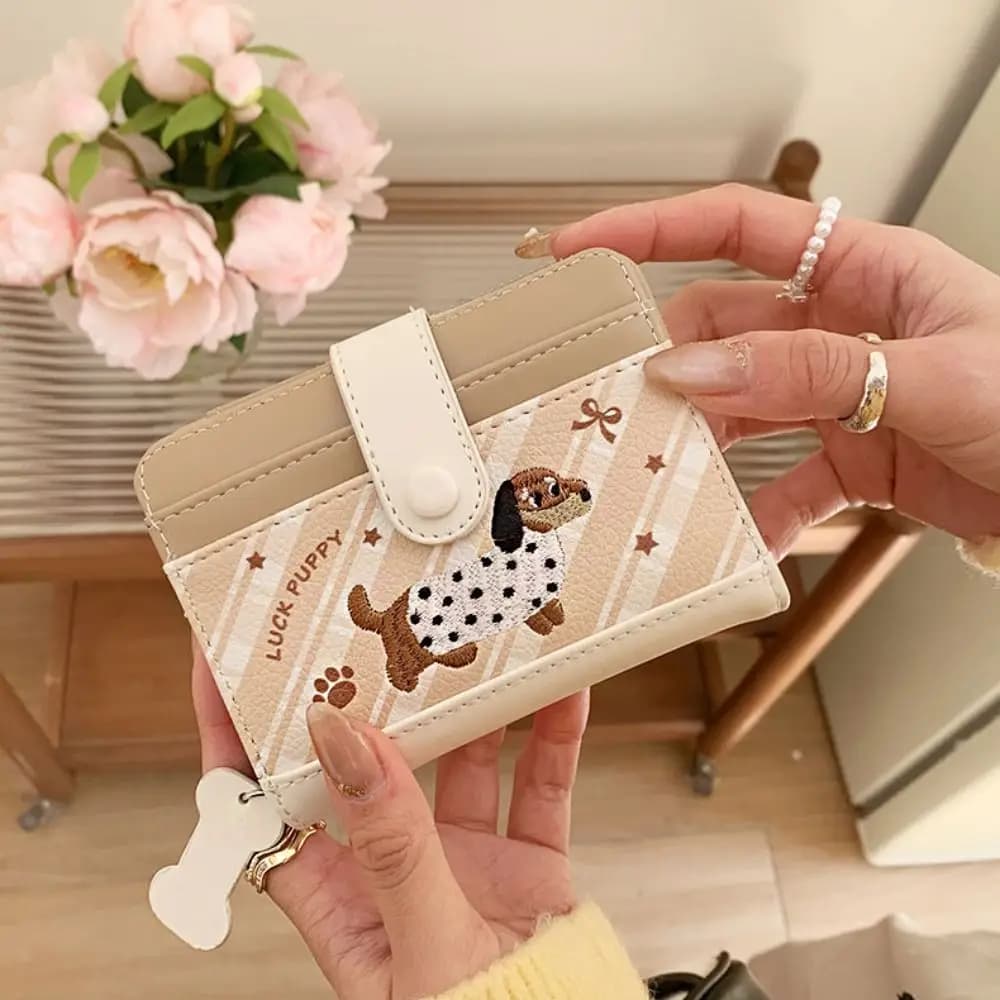 Portable Embroidery Dachshund Dog Wallet Cute PU Leather Leather Card Holder Multiple Card Fashion Three Fold Wallet School