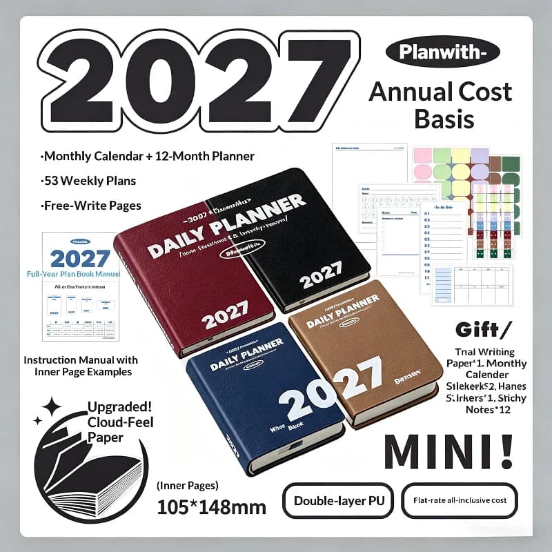 Planwith 2027 MINI Planner Notebook 12‑Month Weekly Monthly Journal PU Leather Cover Agenda Book with Stickers Gift Stationery