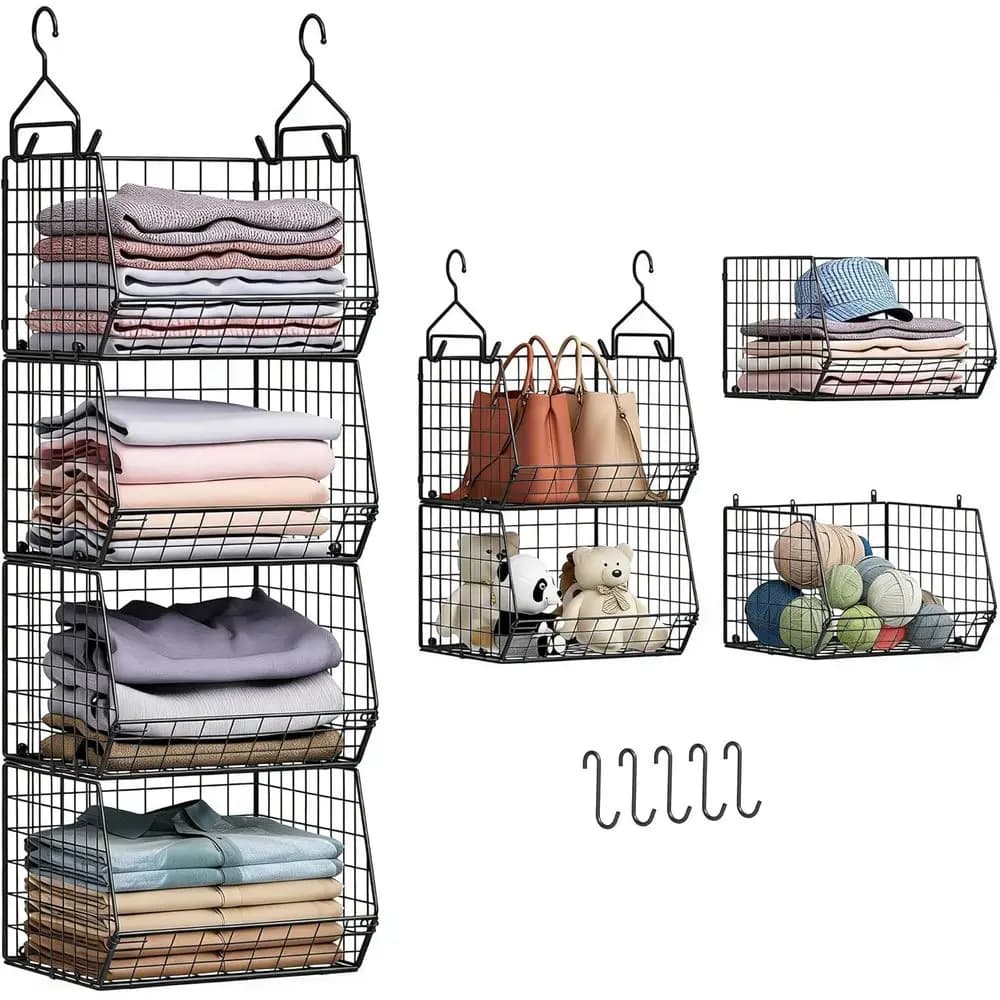 4-level hanging organizer with 5 hooks, shelves and net baskets for clothes, shoes and accessories