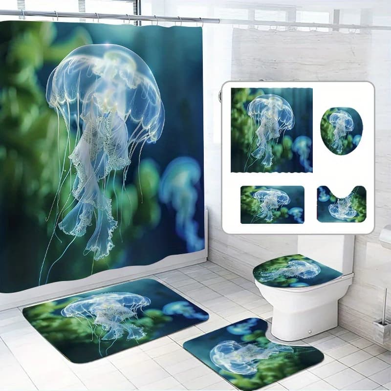 4 pezzi, set di tende da doccia con meduse oceaniche, con graziose meduse trasparenti dal mare, include 12 ganci, impermeabile
