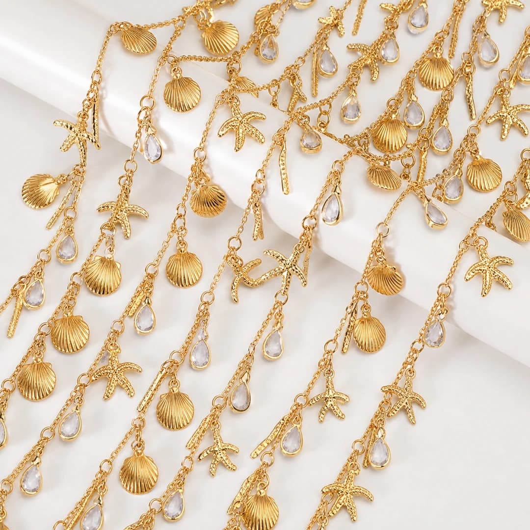 1Meter Silver Jewelry Making Chains Bulk Zircon Shell Starfish Dangle Charms DIY Craft Chain Necklace Bracelet Findings Handmade