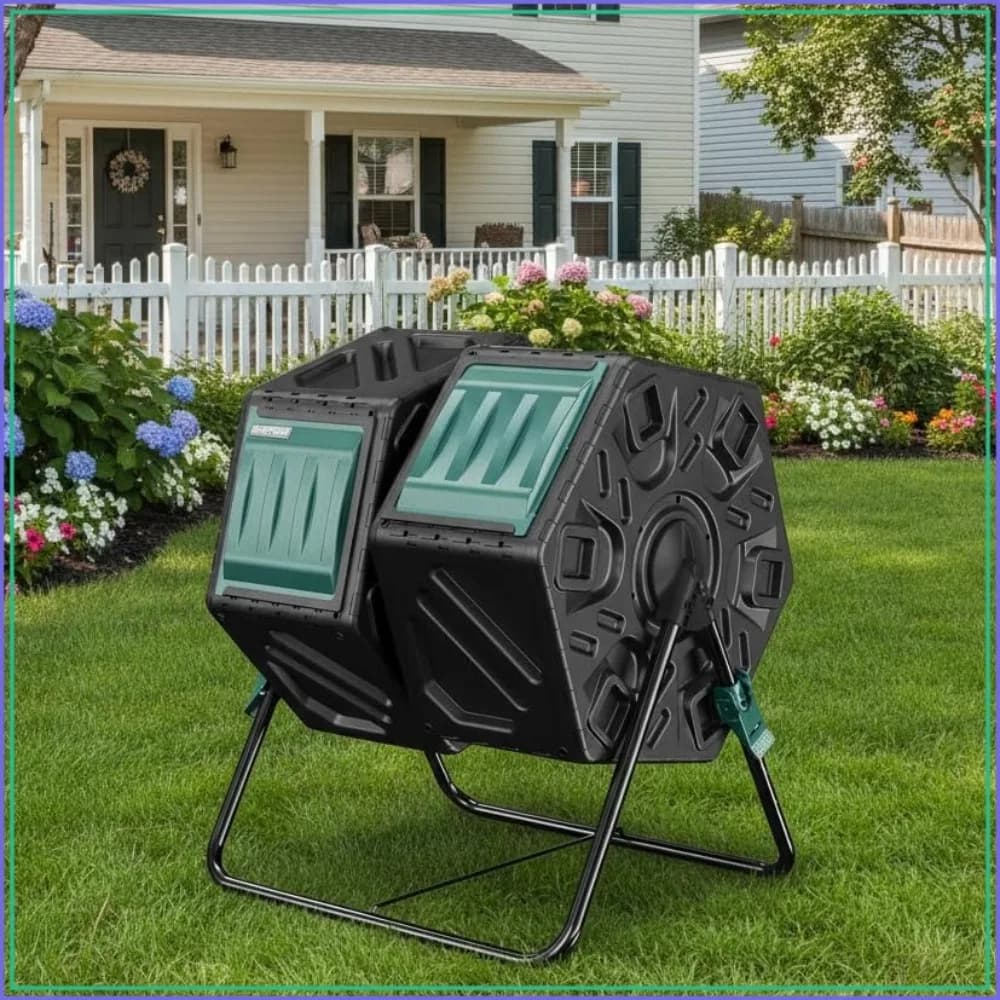 Dual Chamber Outdoor Compost Tumbler, 2×18.5 Gallon Compost Bin, Rotating Composter with Aeration & Locking System for Garden, Kitchen & Yard