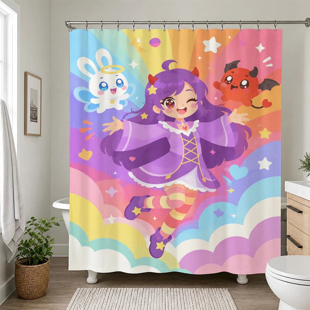 Cute Magical Girl Cartoon Shower Curtain Bathroom Decor Fun Anime Style Kids Shower Curtain