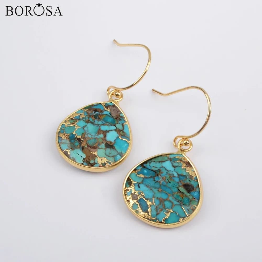 BOROSA Golden/Silver Plated Water Drop Dangle Earring Natural Turquoise Stone Bezel Jewelry Accessories For Women Wedding Gifts