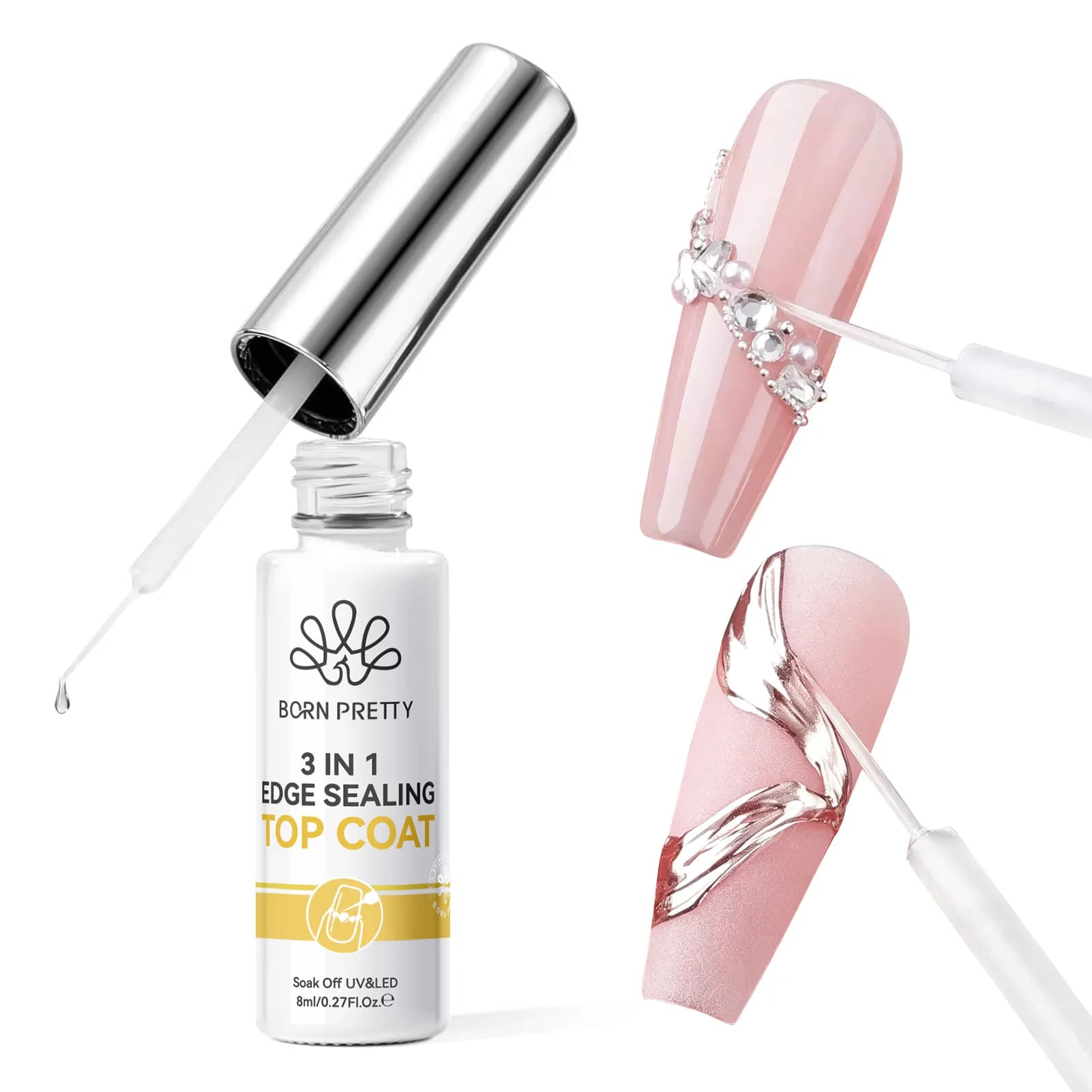 BORN PRETTY 8ml 3 IN 1 Gel Polish Sigillante per Bordi e Top Coat per Pittura Lineare, Riempimento Parziale, Top Coat Semipermanente per Design Unghie Effetto Metallo